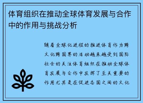 体育组织在推动全球体育发展与合作中的作用与挑战分析